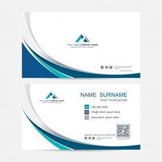 two sided business card with blue and white wavy lines on the front, back and sides