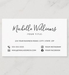 a white business card with black ink that reads, mechelle williams your title