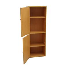 a wooden cabinet with two open shelves on each side