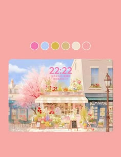 an image of a store front with flowers on the outside and pink sky in the background