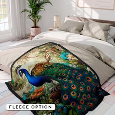 a bed with a peacock print on it