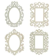 four white frames with ornate designs on the front and back, all in different sizes