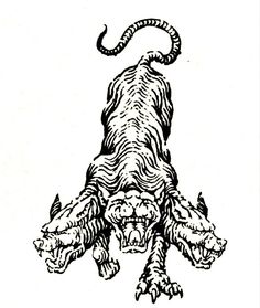 an ink drawing of a tiger with long horns and claws on it's head