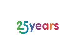 the logo for 25 years is shown in multicolors