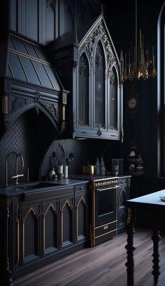 an old fashioned kitchen with black cabinets and gold trimmings, is pictured in this image