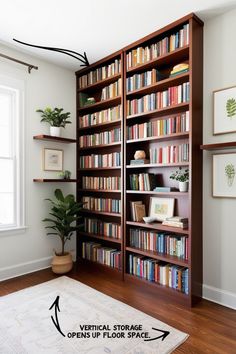 a book shelf filled with lots of books on top of a hard wood floor next to a window