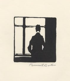 a black and white drawing of a person sitting in front of a window looking out