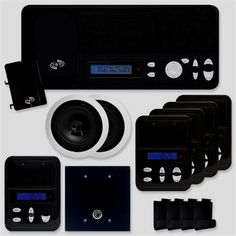 an array of electronic equipment including speakers and other accessories