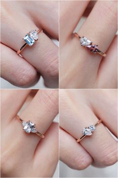 four different views of an engagement ring