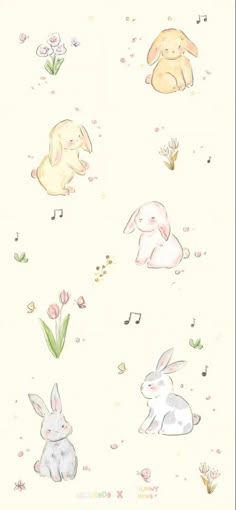 an illustration of rabbits and flowers on a white background, with music notes in the air