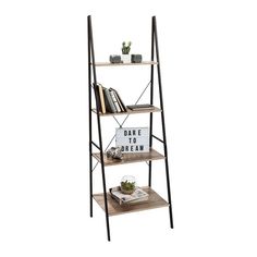 three tiered shelving unit with bookshelf