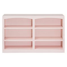 a pink bookcase with two open shelves