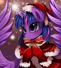 a purple pony with blue hair wearing a red hat and bow tie sitting in front of stars