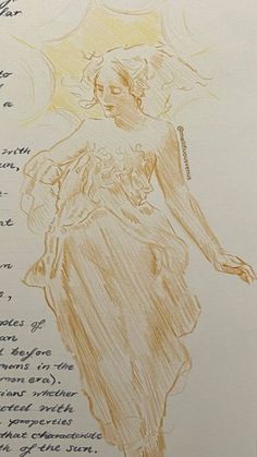 a drawing of a woman in a dress with words written on it and an image of a sun above her head