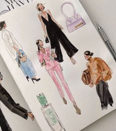 an open book with drawings of women in clothes and purses on the pages, next to a pen