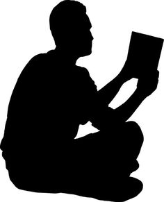 a man sitting on the floor reading a book silhouetted against a white background,