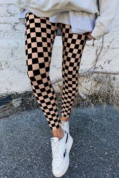 $3.75 Khaki Checkered Pattern High Waist Skinny Leggings Wholesale Faith Clothing, Maxi Skirt Outfits, Black Checkered, Printed Wide Leg Pants, Ribbed Knit Sweater, Plaid Jacket