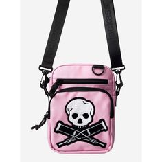 Step into the world of Jackass with this vibrant pink mini messenger bag. Adorned with an embroidered skull and crutches patch, this bag is both stylish and practical. Featuring adjustable webbing straps, multiple pockets, and durable construction, it's perfect for on-the-go adventures. With dimensions of 9.25” H x 6.5” W x 4” D, it offers ample space for your essentials. Officially licensed, this bag is a must-have for any Jackass fan. Wipe it clean for effortless care. Travel Crossbody Shoulder Bag With Logo Patch, Everyday Crossbody Bag With Logo Patch, Casual Rectangular Shoulder Bag With Logo Patch, Tv Studio, Square Backpack, Mini Messenger Bag, Pastel Goth Fashion, Bad To The Bone, Luggage Backpack