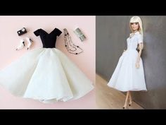 barbie doll dressed in white and black dress next to other items on pink background with text overlay