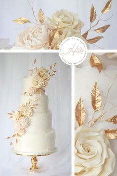 the wedding cake is decorated with gold leaves and flowers on it's side, along with white roses