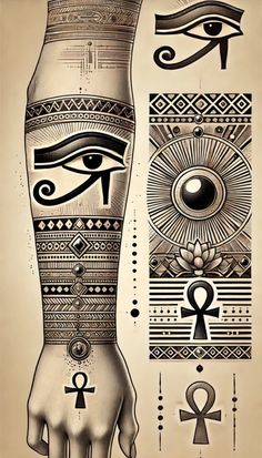 an egyptian tattoo is shown on the arm and leg, with symbols around it in black ink