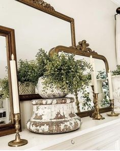 a mantle with candles, mirror and potted plants on it