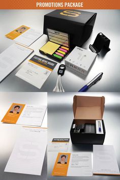 an image of some stationery items that are on top of a table with papers and pens