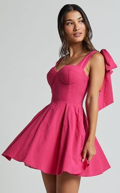 Girley Mini Dress - Bow Strap Dress in Pink Auburn Outfits, Bow Strap Dress, Basic Black Dress, Bachelorette Dress, Frilly Dresses, Maxi Dresses Fall, Dress Bow, Long Sleeve Dress Formal, White Long Sleeve Dress