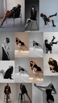 a collage of photos with woman in black dress and high heels sitting on chair