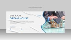 a real estate banner with a house and two people shaking hands in front of it