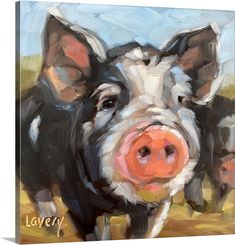 Stretched Canvas Print entitled Piper The Pig.  Multiple sizes available.  Primary colors within this image include White, Black, Pink, Gray.  Made in USA.  All products come with a 365 day workmanship guarantee.  Archival-quality UV-resistant inks.  Canvas is designed to prevent fading.  Canvases are stretched across a 1.5 inch thick wooden frame with easy-to-mount hanging hardware. Painting With Black Background, Til The Cows Come Home, Pig Artwork, Fun Paintings, Pig Wall Art, Pig Images, Pig Drawings, Commission Ideas, Cows Farm