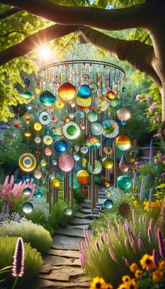 a garden filled with lots of different colored balls and chains hanging from the tree branches