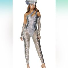 a woman in a silver bodysuit and hat