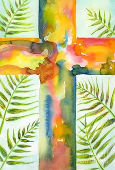 a painting of a cross with leaves on it