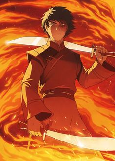 an anime character holding two swords in front of fire