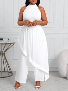 Plus Size Women's Business Professional White Open Shoulder Asymmetrical Jumpsuit With Long Pants Women Jumpsuits White Women Jumpsuit White Casual  Sleeveless Knitted Fabric Colorblock,Plain Other Slight Stretch  Women Plus Clothing, size features are:Bust: ,Length: ,Sleeve Length: White Plus Size Outfit, Women's Business Professional, Asymmetrical Jumpsuit, Plus Size White Jumpsuit, Womens Business Professional, Summer Jumpsuit Casual, Women Jumpsuit, Printed Sleeveless Top, Slim Fit Top