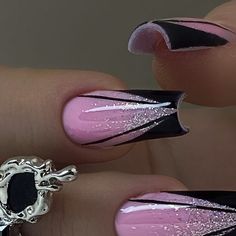 Pink Nails Elegant Ideas, Nail Design Pink And Black, Hot Pink Black Nails Design, Middle Nails Ideas, Black And Fuschia Nails, Pink Nails Black Design, Black Pink Silver Nails, Nails With Ribbon Design, Gel Coffin Nail Designs