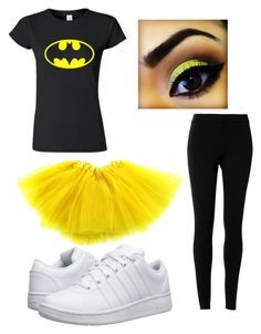 a black shirt, yellow tutu skirt and white shoes with batman logo on it