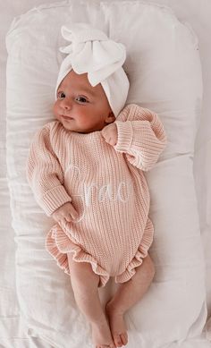 RIBBED LEG FRILL ROMPER - BABY PINK – Petite Co au Big Bow Headband Baby, Personalised Embroidery, Knit Bow, Big Bow Headband, Gifts For Baby, Knit Romper, Personalized Newborn, Knitted Romper, Personalized Embroidery