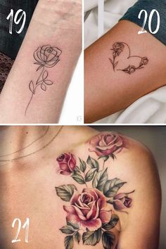 four different tattoos with flowers on them