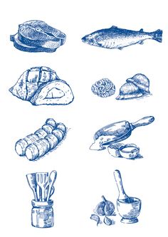 an image of food that is drawn in blue ink