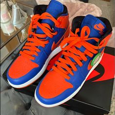 Jordan 1 Retro High Knicks Nike Orange Lace-up High-top Sneakers, Nike Orange High-top Sneakers With Abzorb Midsole, Nike Orange Basketball Shoes With Laces, Nike Orange High-top Sneakers With Round Toe, Orange Nike Basketball Shoes With Laces, Orange Sneakers With Boost Midsole And Round Toe, Orange Sneakers With Boost Midsole, Orange Synthetic Custom Sneakers With Round Toe, Nike Orange Basketball Shoes With Rubber Sole