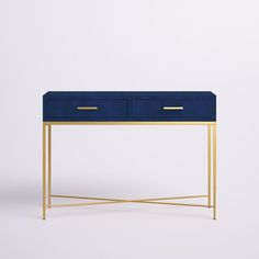 a blue and gold console table with two drawers on one side, against a white background