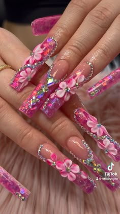 Pink Swarovski Nails, Pink Rhinestone Nail Designs, Super Bling Nails, Pink Dramatic Nails, Pink Jelly Nails Designs, Colorful Bling Nails, Fushia Nail Designs Ideas, Spring Bling Nails, Bling Valentines Nails