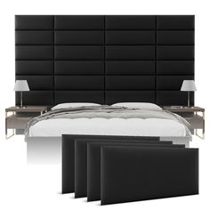 a bed with black headboard, night stands and nightstands next to each other