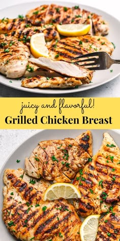 grilled chicken breast on a plate with lemons and parsley garnish