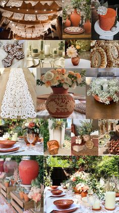 a collage of photos with flowers and vases on them, including plates, candles, cake stands, cakes