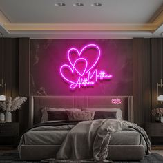 a bedroom with a large bed and pink neon sign above it that says all my love