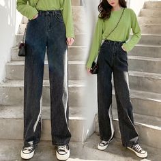 Straight Fit Jeans Outfit Ideas, Black Straight Fit Jeans Outfit, Gray Wide Leg Jeans Outfit, High Waist Jeans Outfit Ideas, High Waisted Straight Leg Jeans Outfit, Straight Jeans Outfit Winter, Black Straight Leg Jeans Outfit, Women Wide Leg Pants, Denim Decor