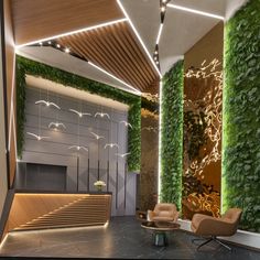 an office lobby with plants growing on the walls and flooring, along with leather chairs